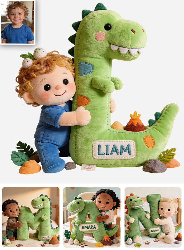 Dinosaur Alphabet Letter & Custom Photo - Personalized Kid Premium Faux Fur Pillow
