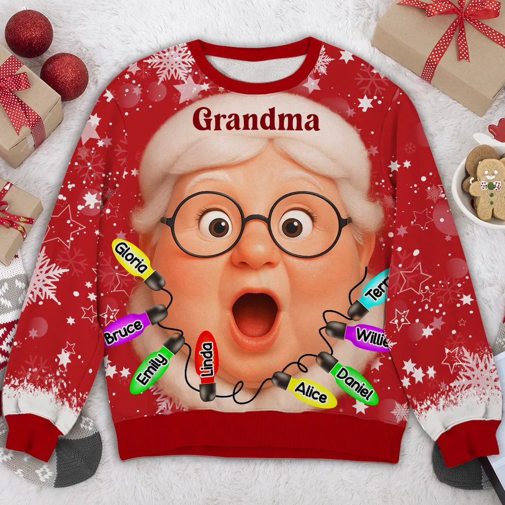 Custom Grandma Printed Sweatshirt with Cartoon Face & Holiday Lights, Festive Family Christmas Gift Idea