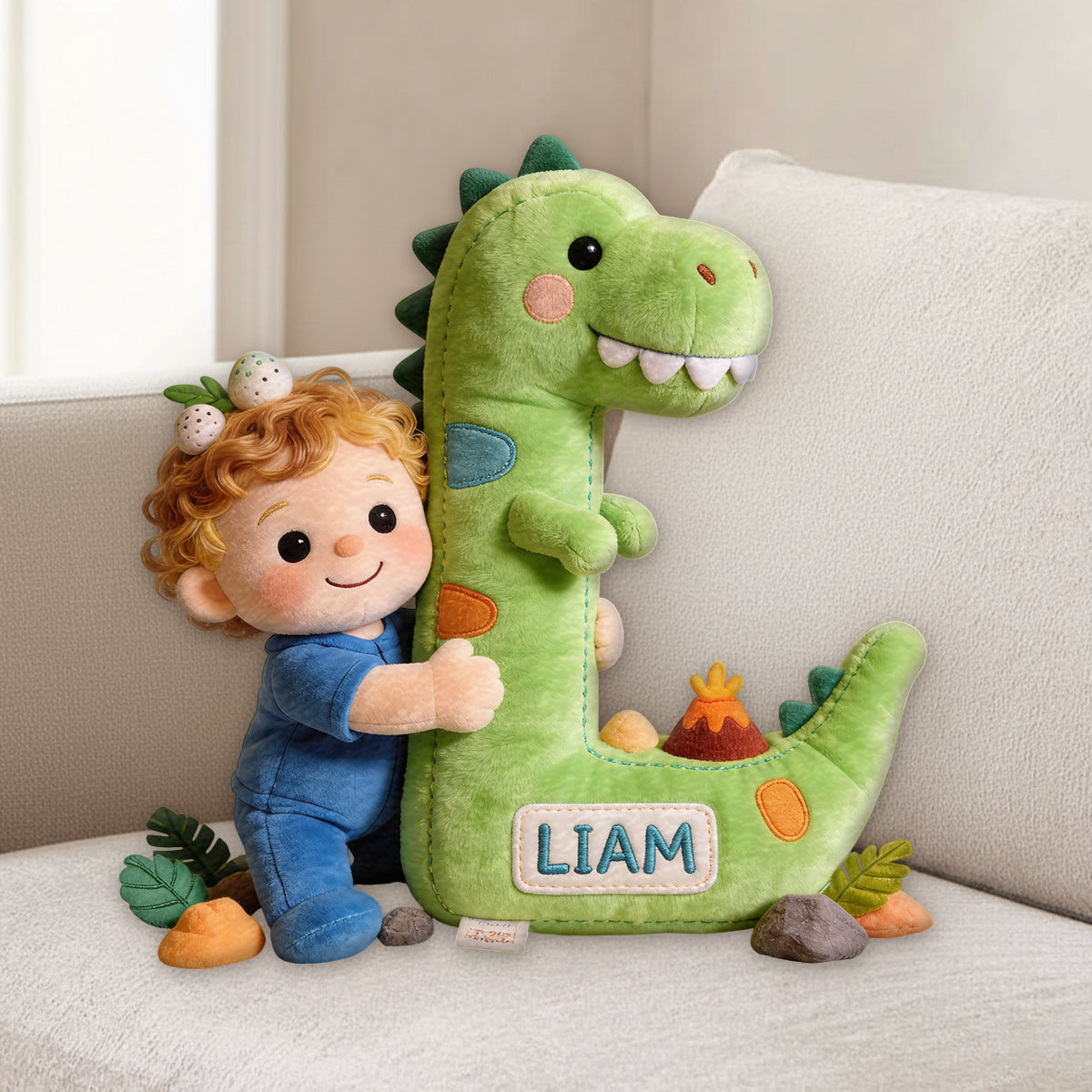 Dinosaur Alphabet Letter & Custom Photo - Personalized Kid Premium Faux Fur Pillow
