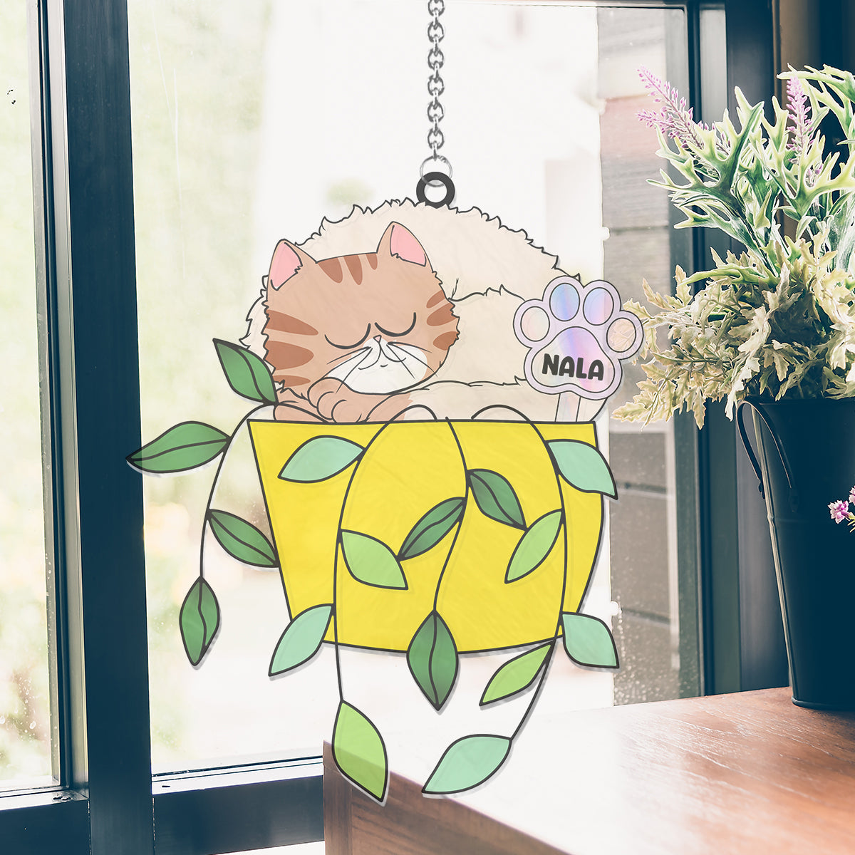 Chill Cat In A Flowerpot - Personalized Cat Window Hanging Suncatcher Ornament