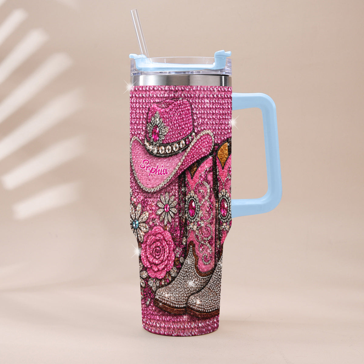 Cowgirl Boots - Personalized Cowgirl Rhinestone Tumbler With Plush Charm