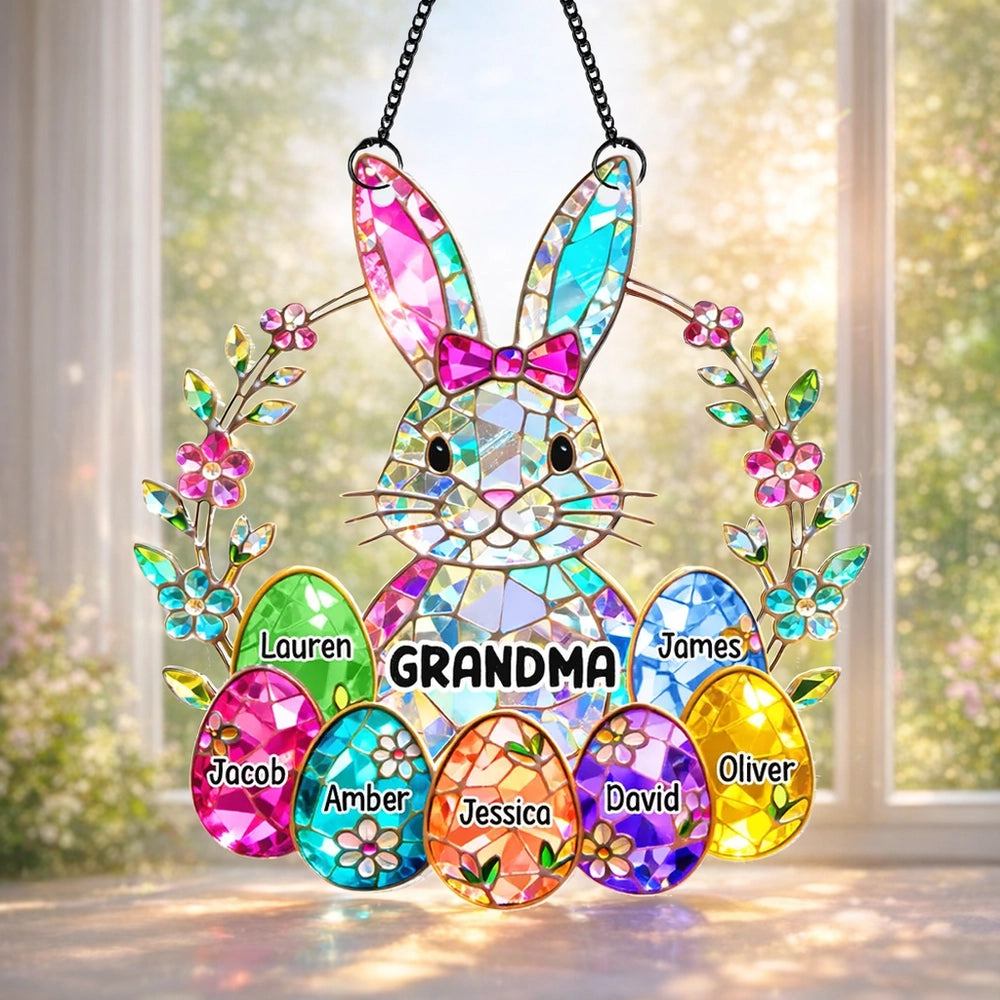 Acrylic Suncatcher Ornament Rainbow Bunny with Floral Wreath for Grandma Sunny Window Decor Unique Gift