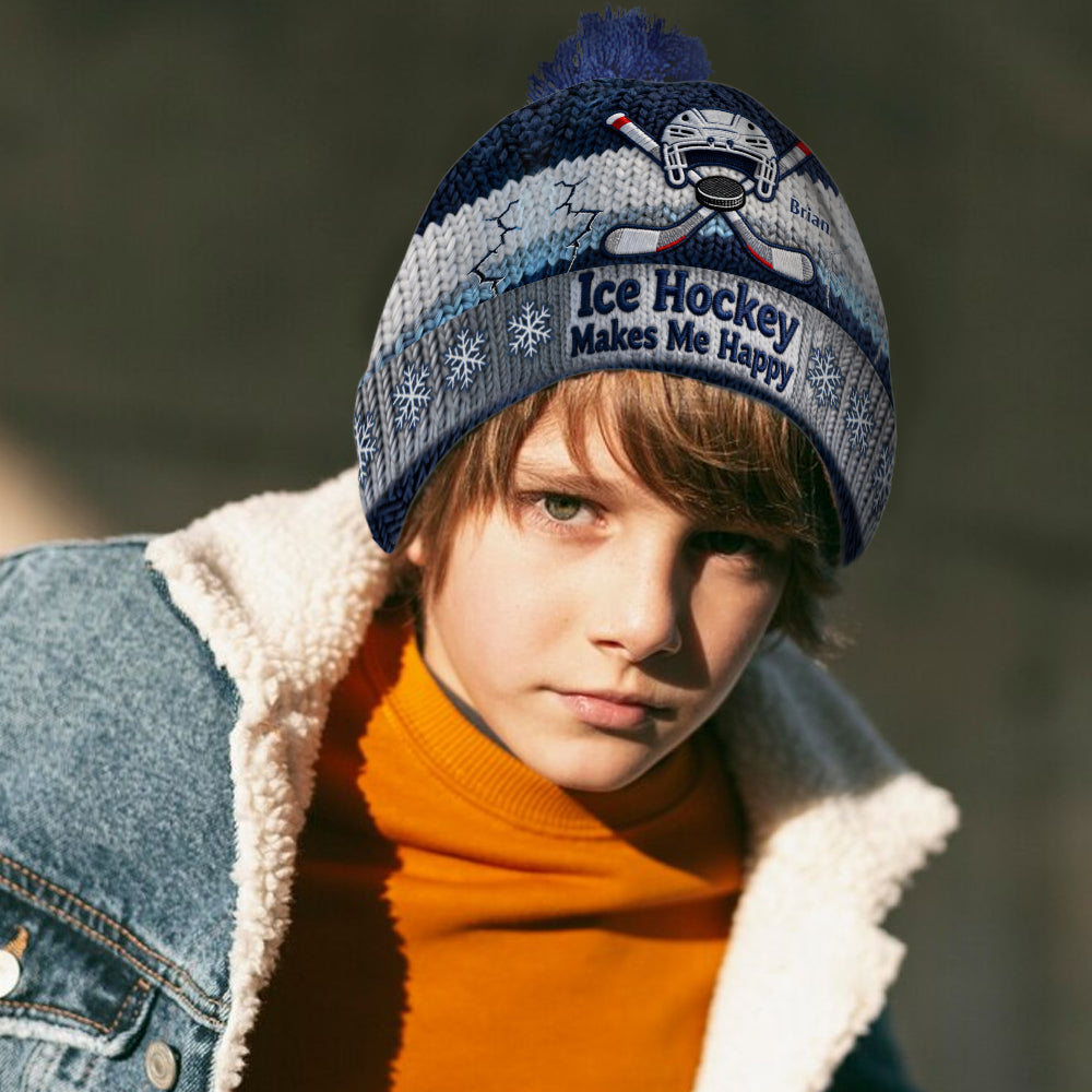 Ice Hockey Makes Me Happy - Personalized Hockey Beanie Hat