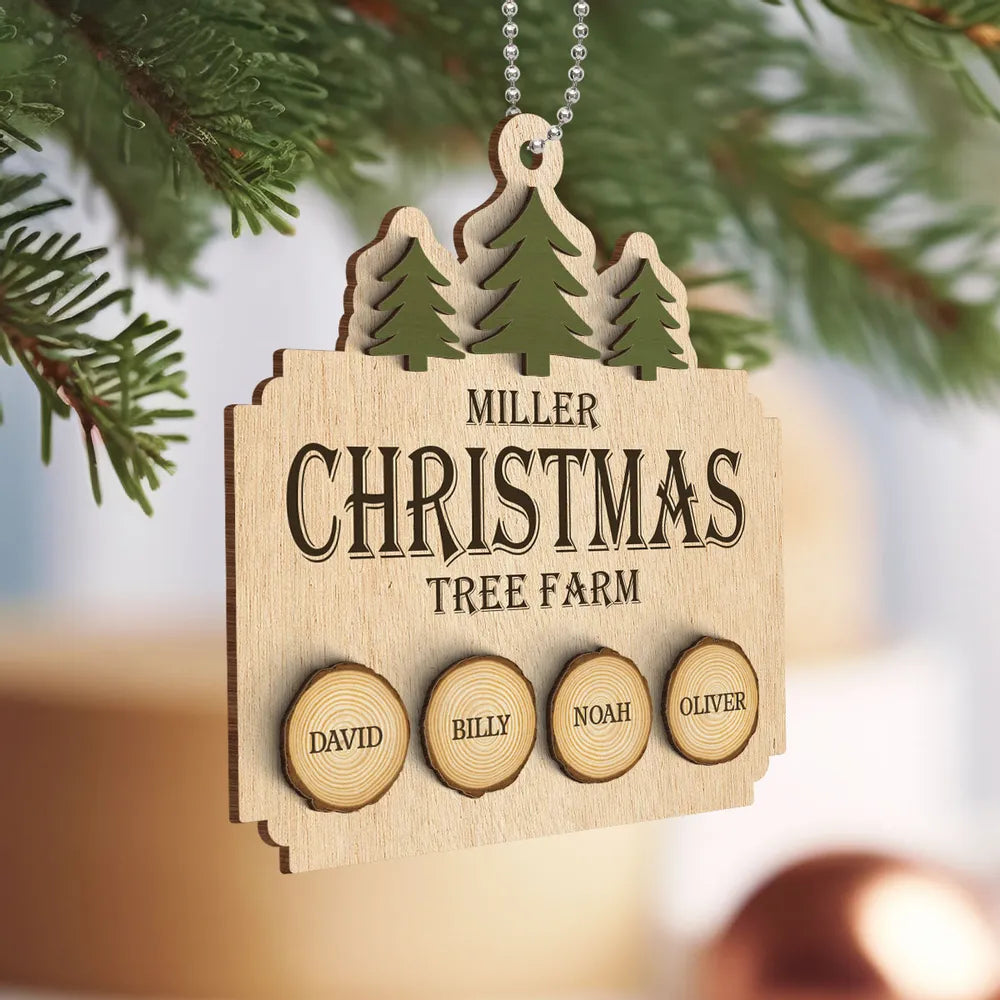 Christmas Tree Farm Family Wood Slice Personalized 2-Layer Wooden Ornament - Custom Family Name Christmas Gift