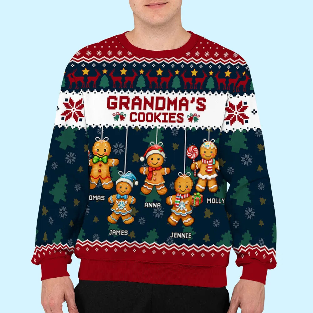 Personalized Grandma Cookies Printed Sweatshirt with Gingerbread Kids, Festive Christmas Gift for Grandma