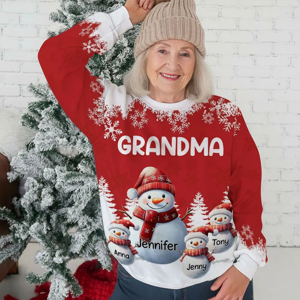 Snowman Family Sweatshirt, Personalized All-Over Print for Grandma, Festive Red, Snowy Forest vibe, a unique Christmas gift