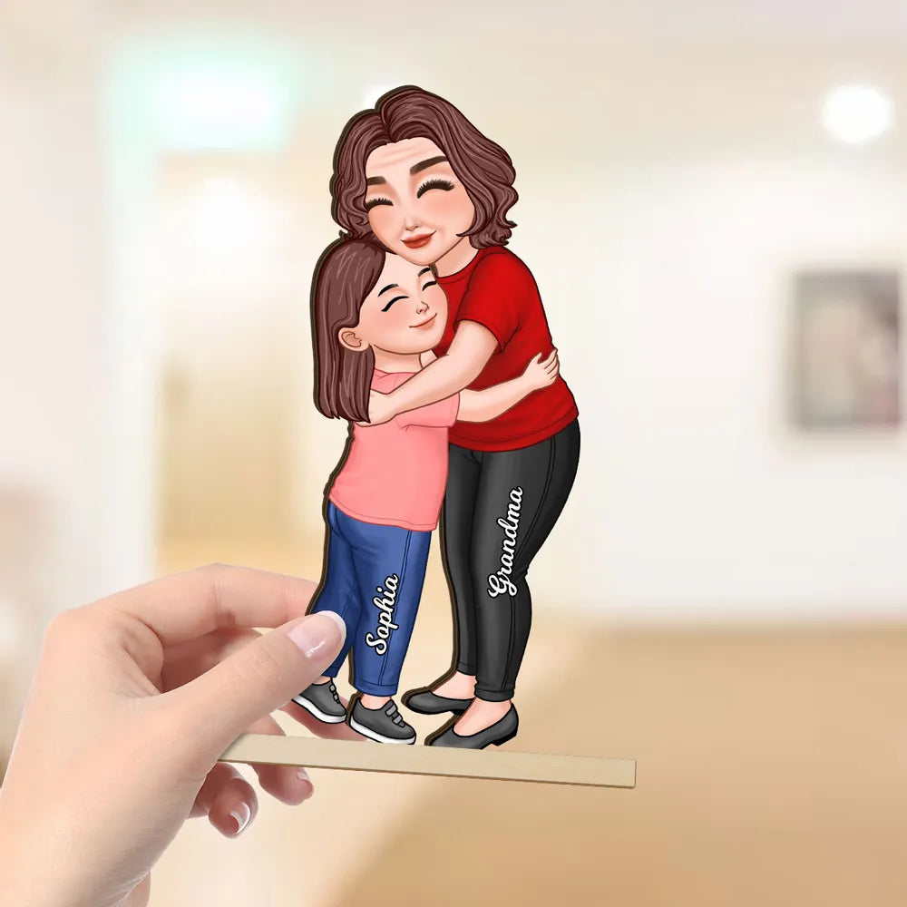 Wooden Plaque Personalized Hugging Grandma & Grandkid Freestanding Decor, Warm Cartoon Style, Unique Gift for Grandma