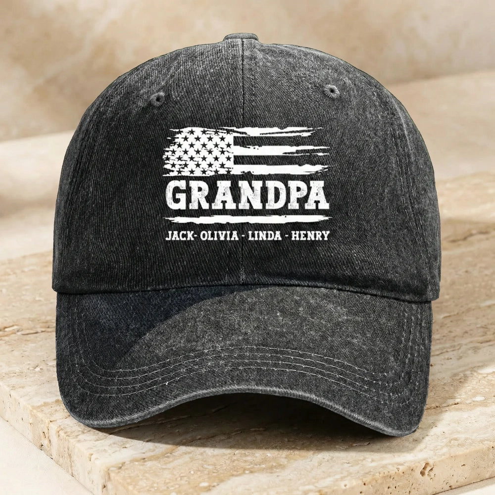 Personalized Washed Denim Baseball Cap with Distressed USA Flag Grandpa Design, Unique Father's Day Gift