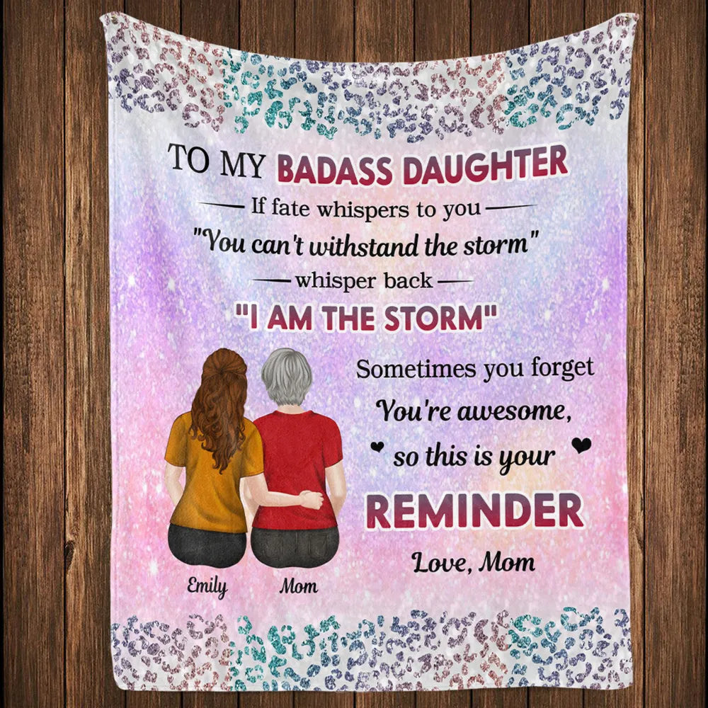 Custom Blanket Mom And Daughter Sitting Together Back View, 'I Am The Storm' Quote, Cozy Throw Gift For Daughter