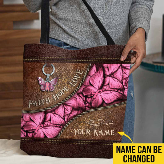 Faith Hope Love Breast Cancer Butterfly - Breast Cancer Awareness Personalized Tote Bag
