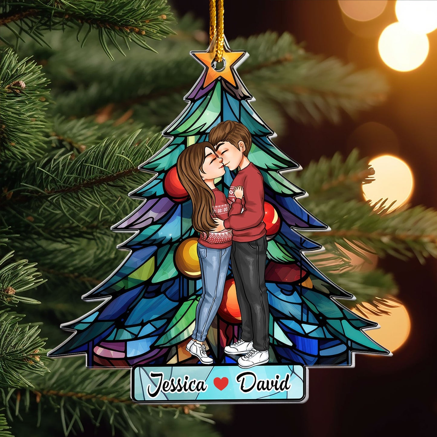 Acrylic Ornament with stained-glass style Christmas tree, hugging couple theme—easy to hang, festive décor and a perfect gift for partners