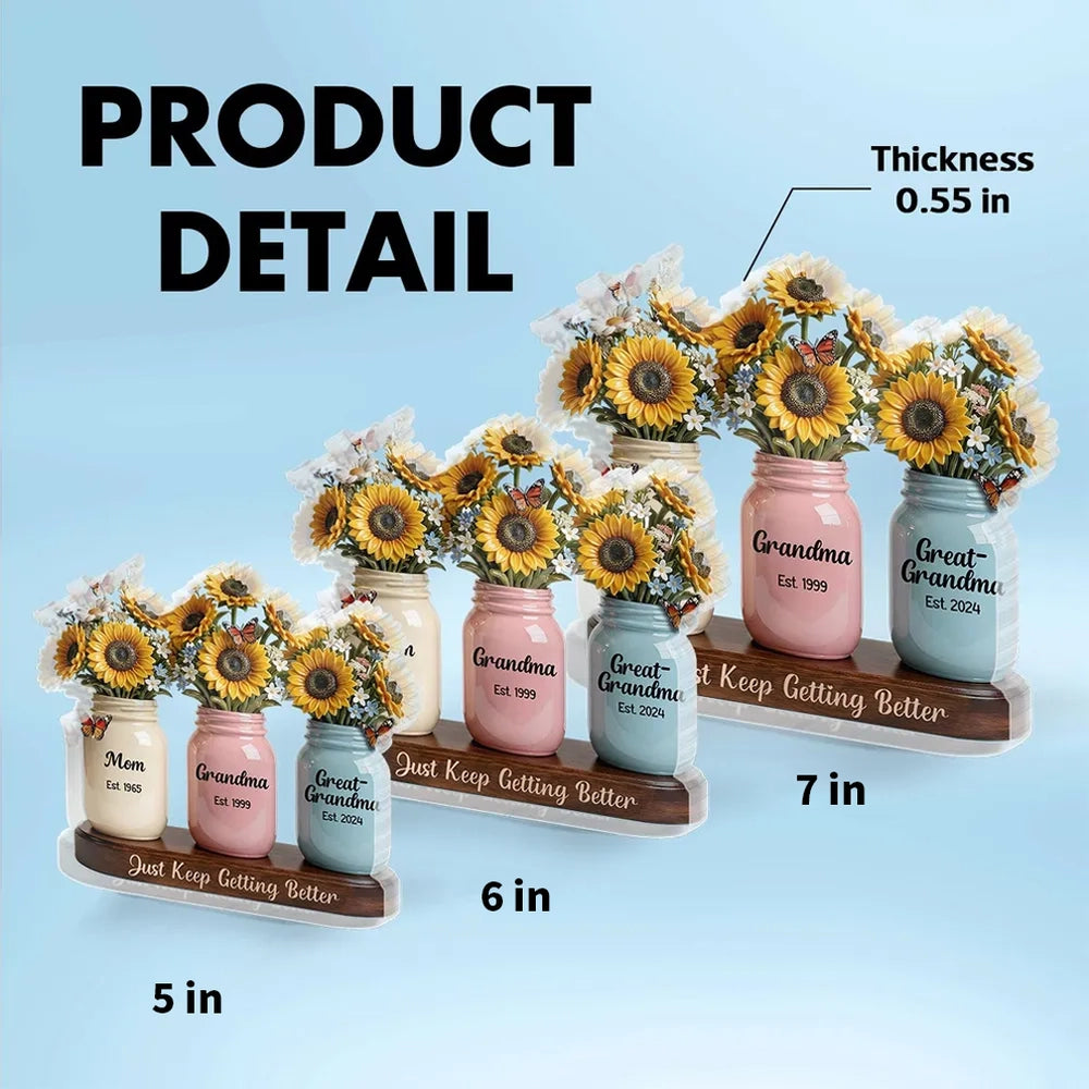Personalized Rectangle Acrylic Block Plaque Sunflower Mason Jars Desk Decor - Unique Gift for Mom Grandma Great-Grandma