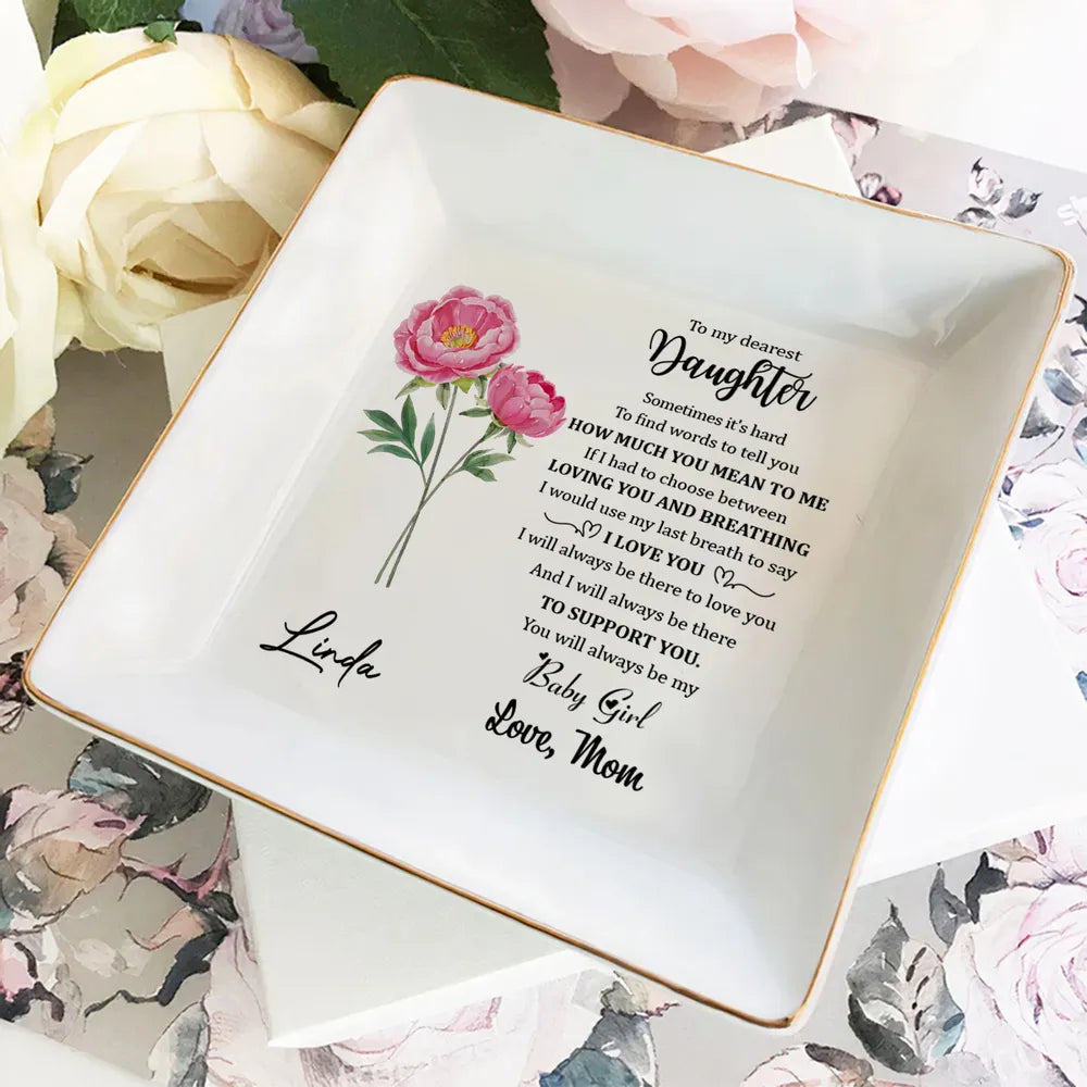 Jewelry Dish for Daughter, Personalized Keepsake Tray with Love Note and Purple Flower, Sweet Gift from Mom