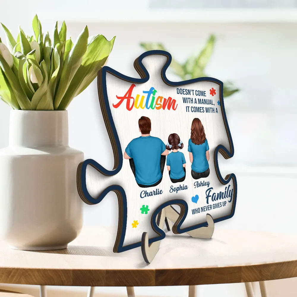 2-Layer Wooden Puzzle Plaque – Autism Family Quote “Family Who Never Gives Up” – Custom Parent & Child Back View Gift