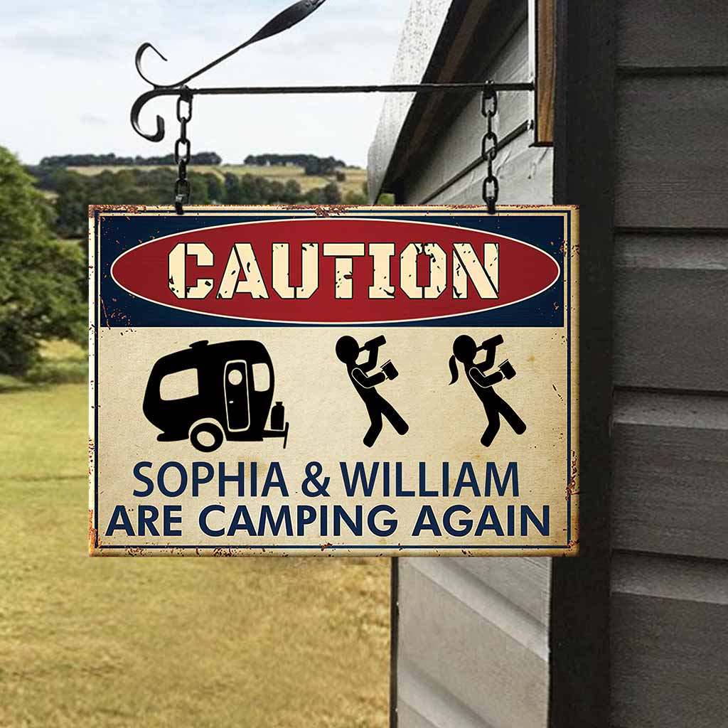 Caution Camping Again - Personalized Rectangle Metal Sign 1121