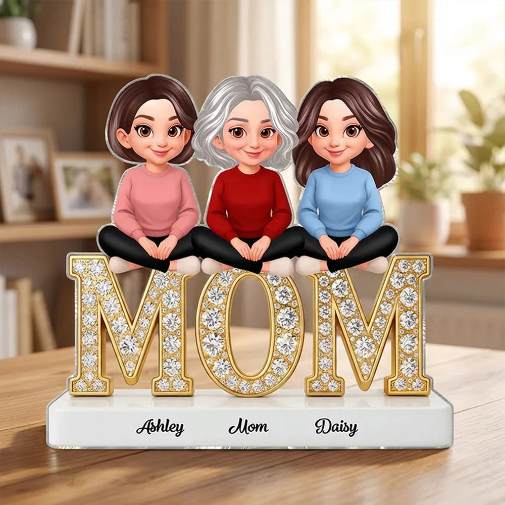 Personalized Shaped Acrylic Block Plaque with Mom & Daughters Cartoon Illustration, Sparkly MOM Shelf Decor, Unique Gift for Mom