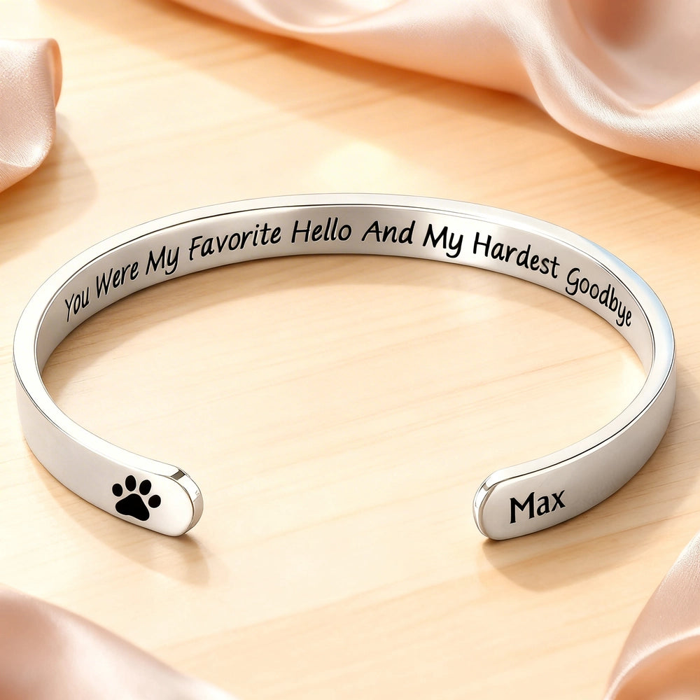 Personalized Stainless Steel Cuff Bracelet With Pet Paw Print Quote, Unique Pet Memorial Gift For Dog Lovers