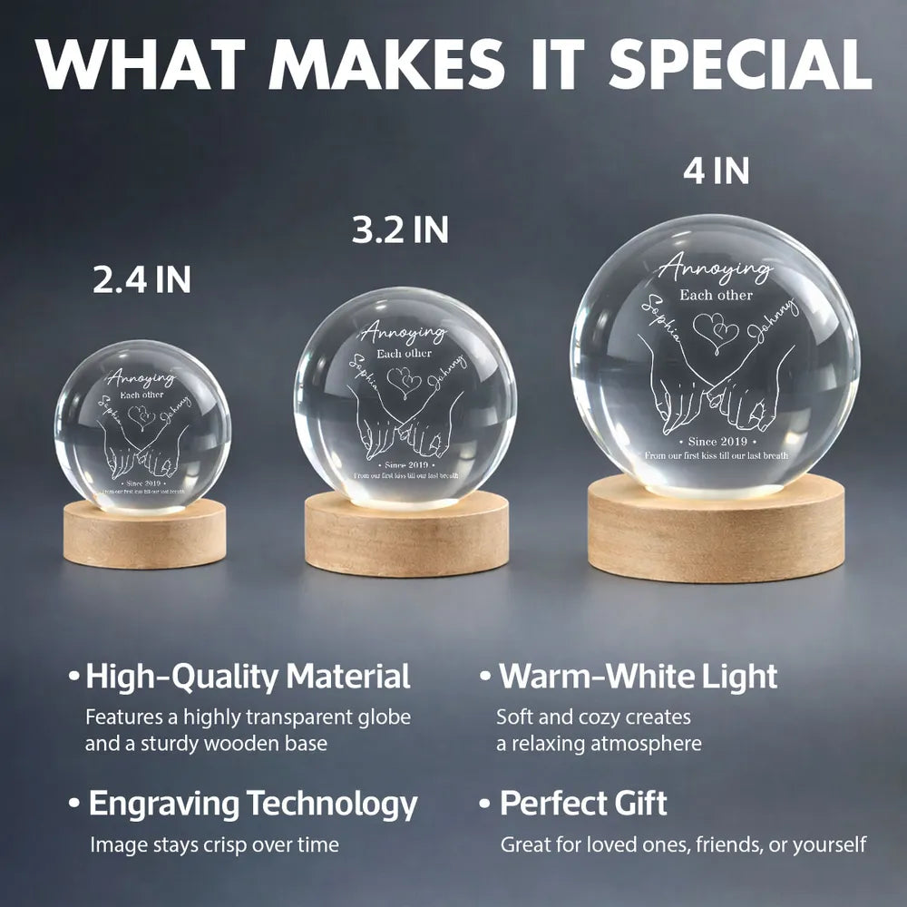 Annoying Each Other Still Going Strong Personalized Crystal Ball LED Night Light, Romantic Warm Glow Holding Hands, Unique Gift for Him or Her
