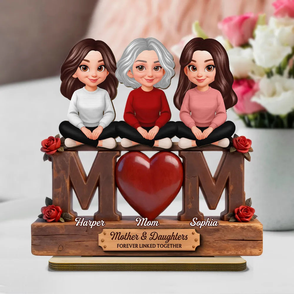 Personalized 2-Layer Wooden Plaque Mom and Daughters Cartoon Sitting on MOM Heart - Unique Mother's Day Gift