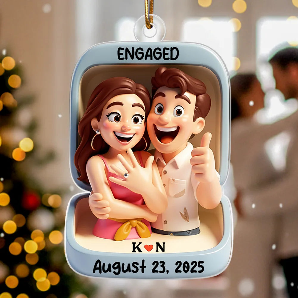 Acrylic Ornament With Engaged Couple Illustration Personalized Holiday Keepsake A Sweet Unique Gift For Couples