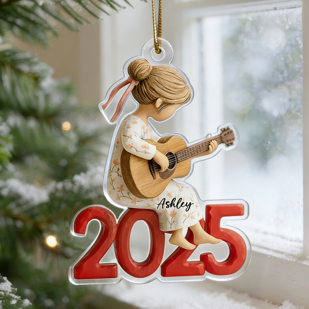 Personalized Acrylic Ornament Girl Playing Guitar Holiday Decor, Cute Keepsake Gift For Music Lover