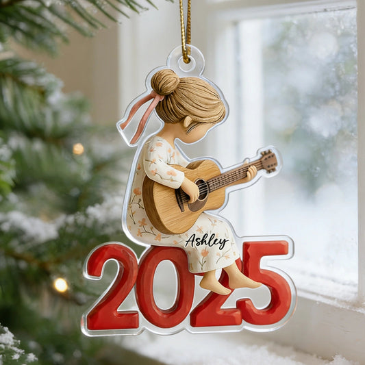 Personalized Acrylic Ornament Girl Playing Guitar Holiday Decor, Cute Keepsake Gift For Music Lover