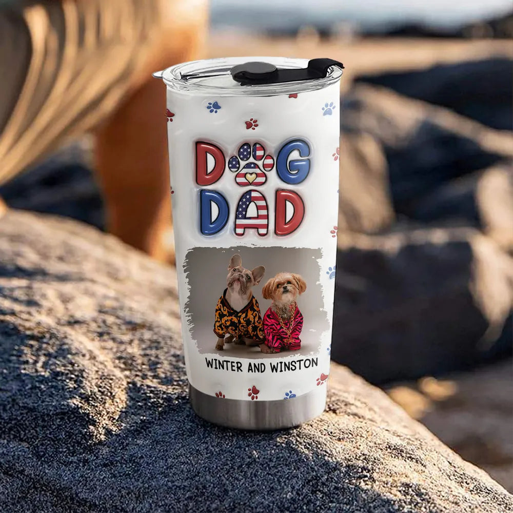 Funny DOG DAD Travel Tumbler – Pet Illustration with Custom Names – Perfect Gift for Dog Dads on Father’s Day or Birthdays