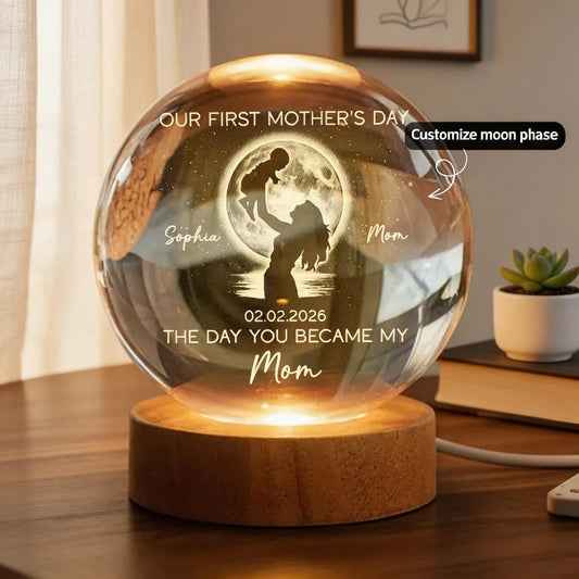 Personalized Globe Lamp with Custom Moon Phase for New Mom, Mother Holding Baby Silhouette, Unique First Mother's Day Gift