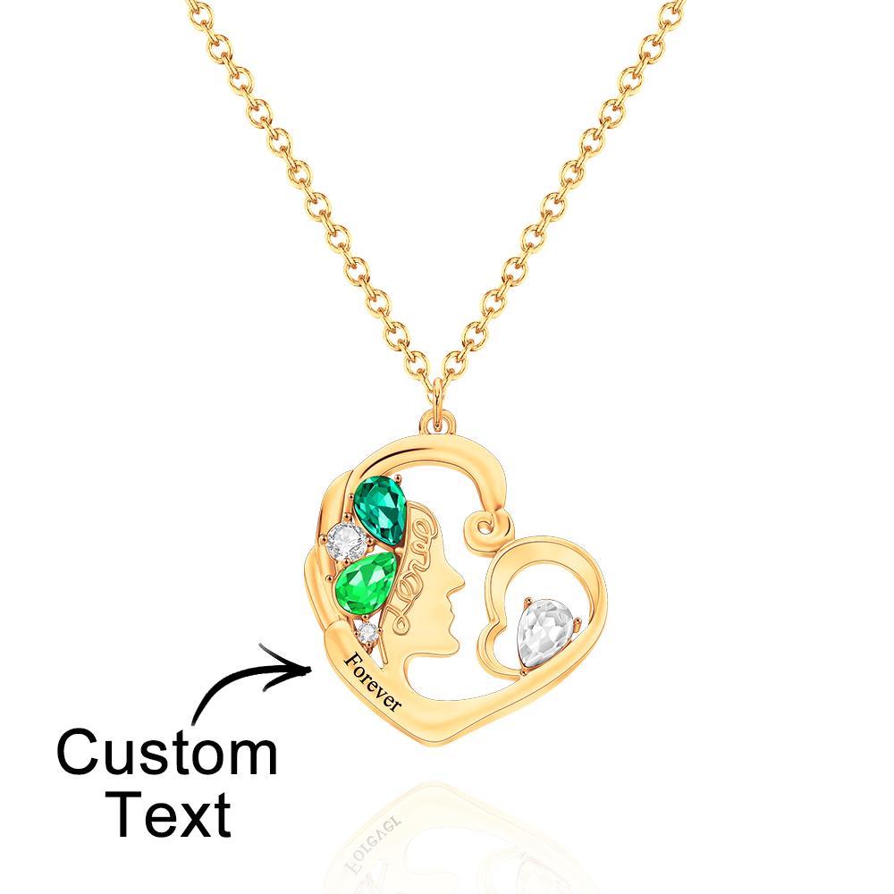 Birthstone Engraved Heart Charm - Personalized Mother Birthstone Women Necklace