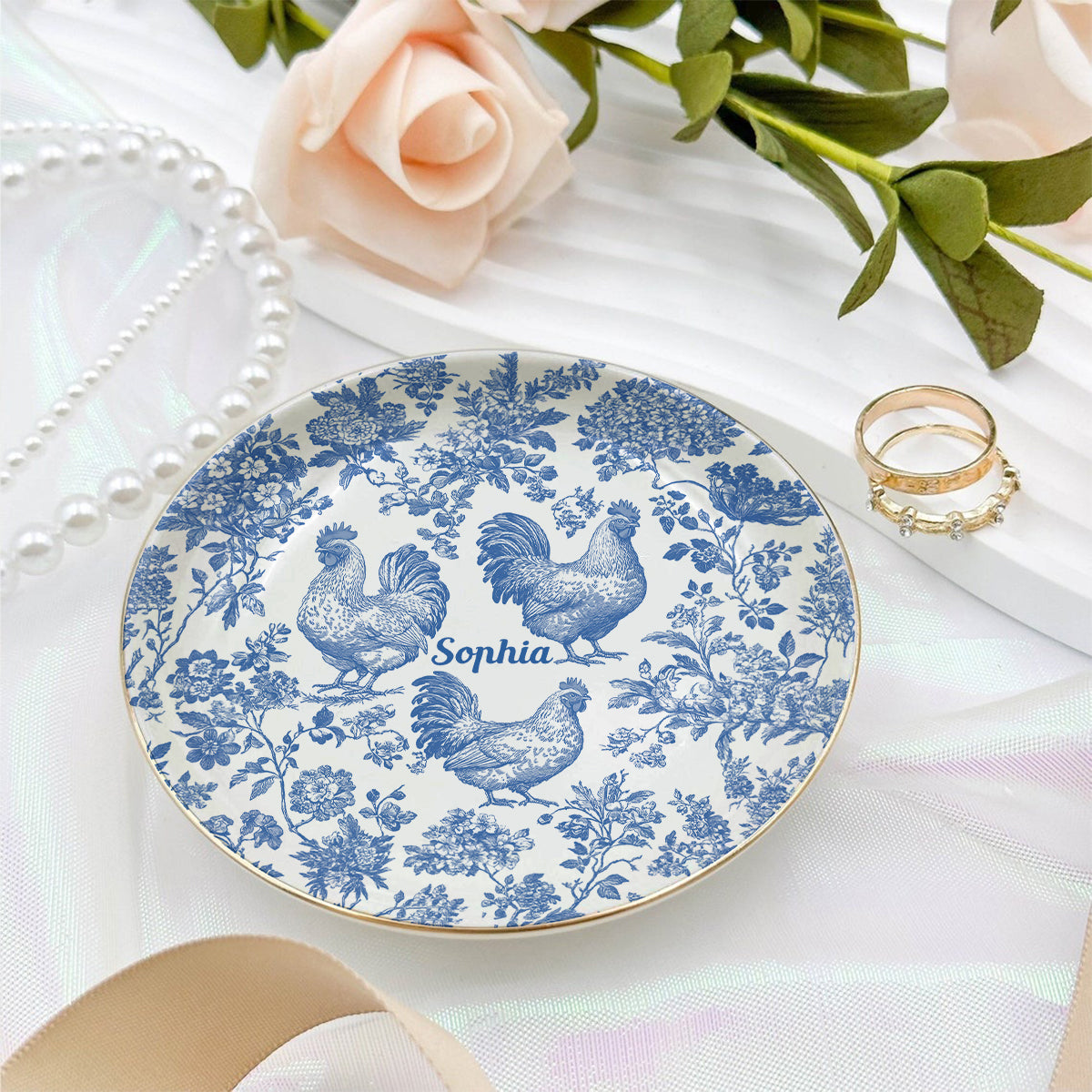 Chicken Toile de Jouy - Personalized Chicken Fully Printed Jewelry Dish
