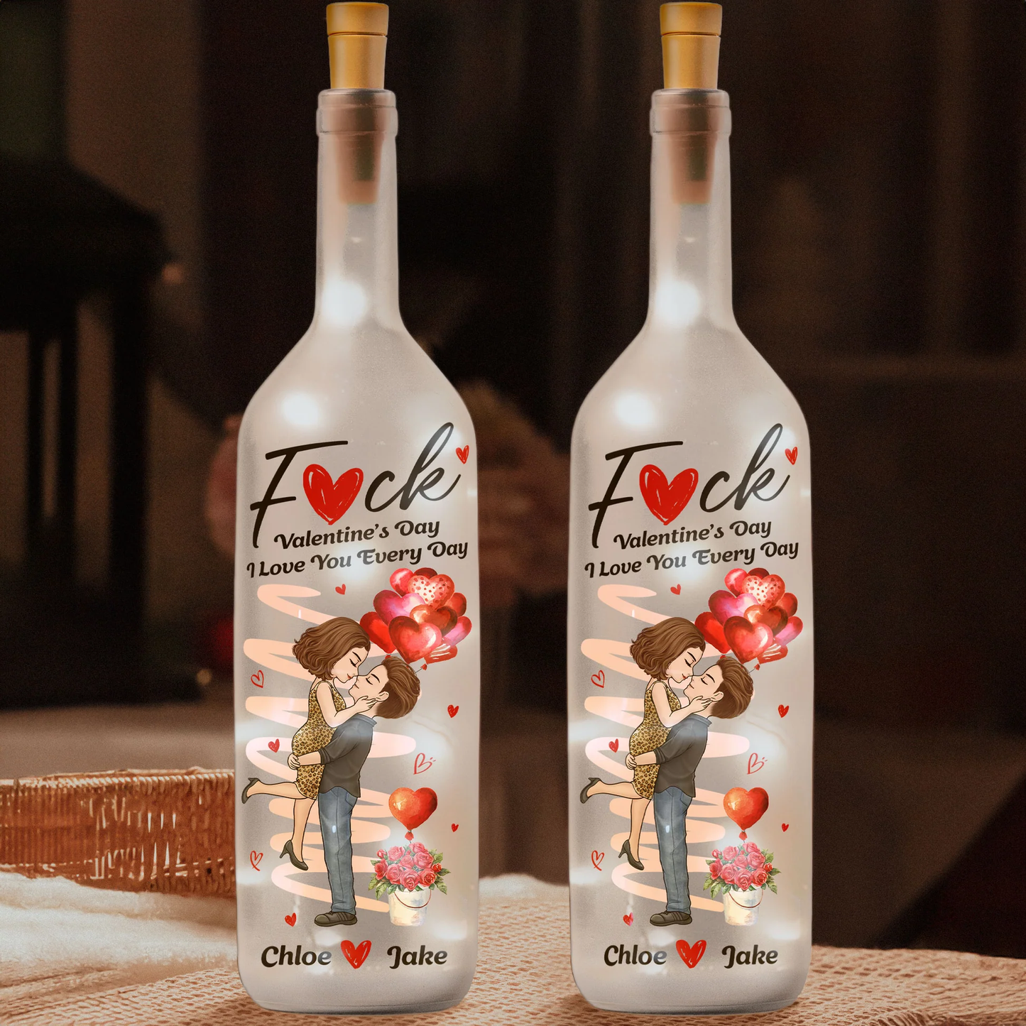 Personalized Bottle Lamp with Kissing Couple & Heart Balloons, Romantic Bedroom Decor, Unique Creative Gift for Couples