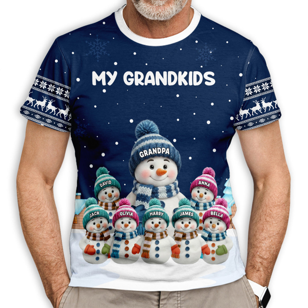 Personalized Printed Classic Tee for Grandma with Grandkids Snowman Scene, Cozy Christmas Gift She Will Love