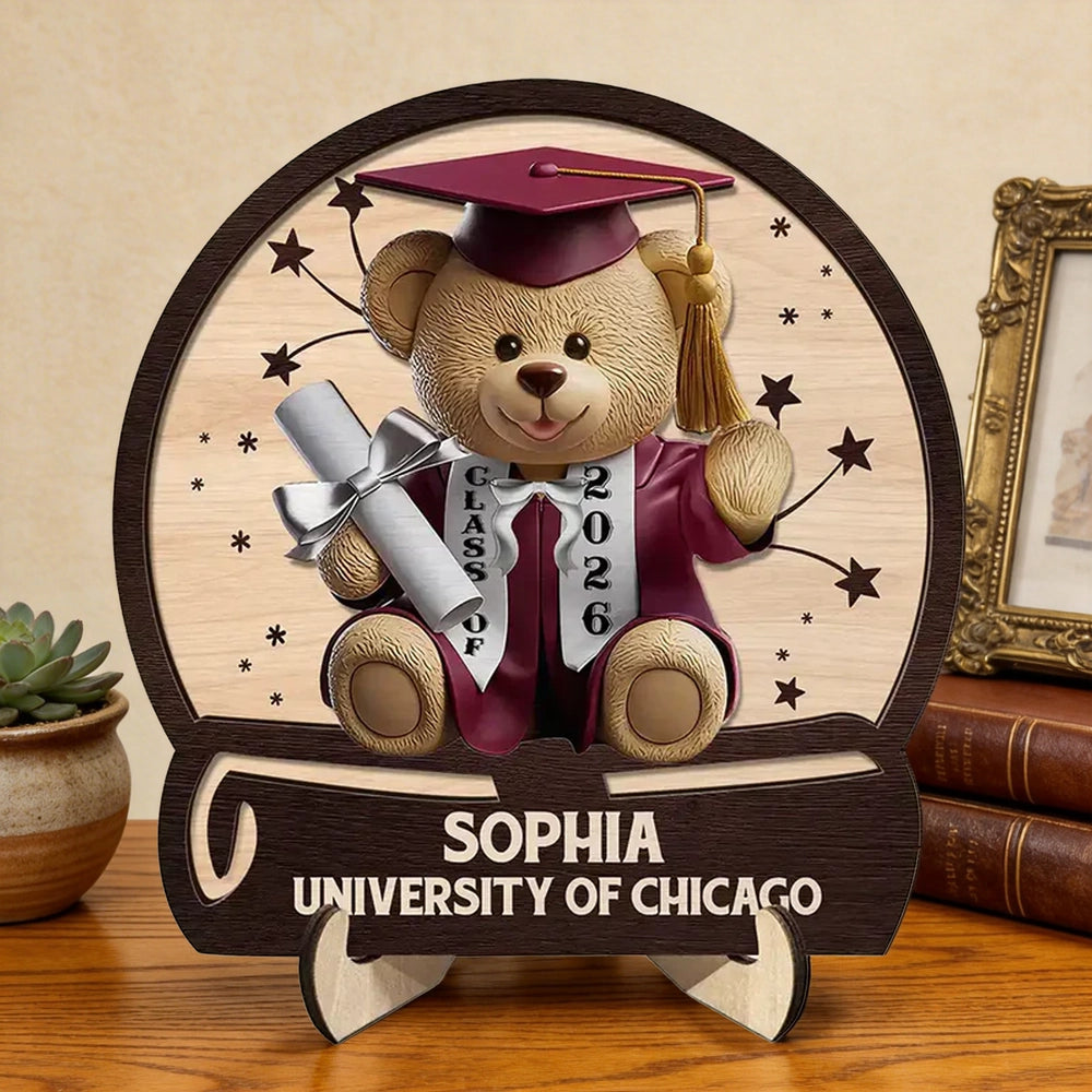 Custom Graduation Bear 2-Layer Wooden Plaque for Nursery or Living Room Display, Sweet Congrats Keepsake, Thoughtful Gift