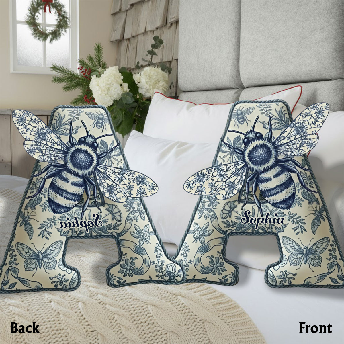 Bee Toile De Jouy - Personalized Bee Faux Fur Shaped Pillow