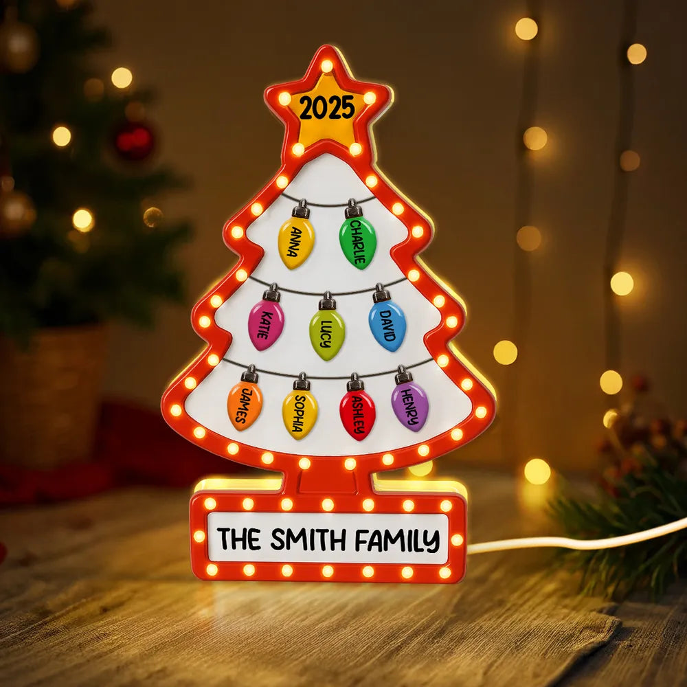 Family Christmas Tree Acrylic Light Box – Personalized Holiday Gift, Festive Home Decoration