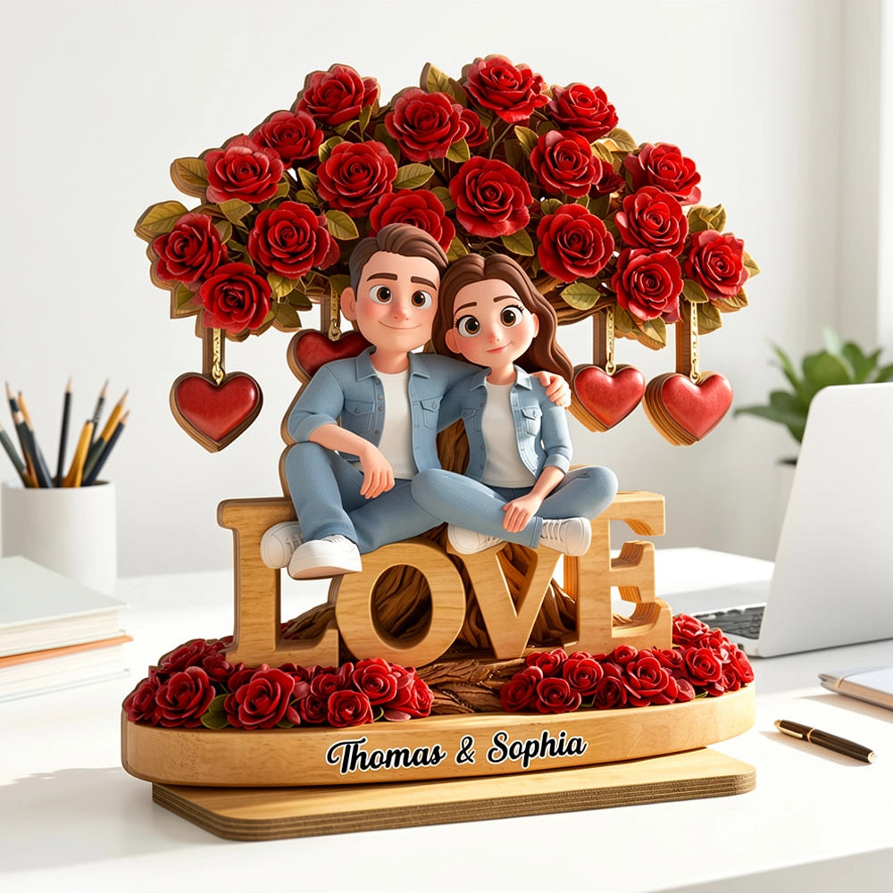Personalized 2-Layer Wooden Plaque Couple on LOVE Bench with Rose Tree and Hearts, Unique Valentine's Day Gift
