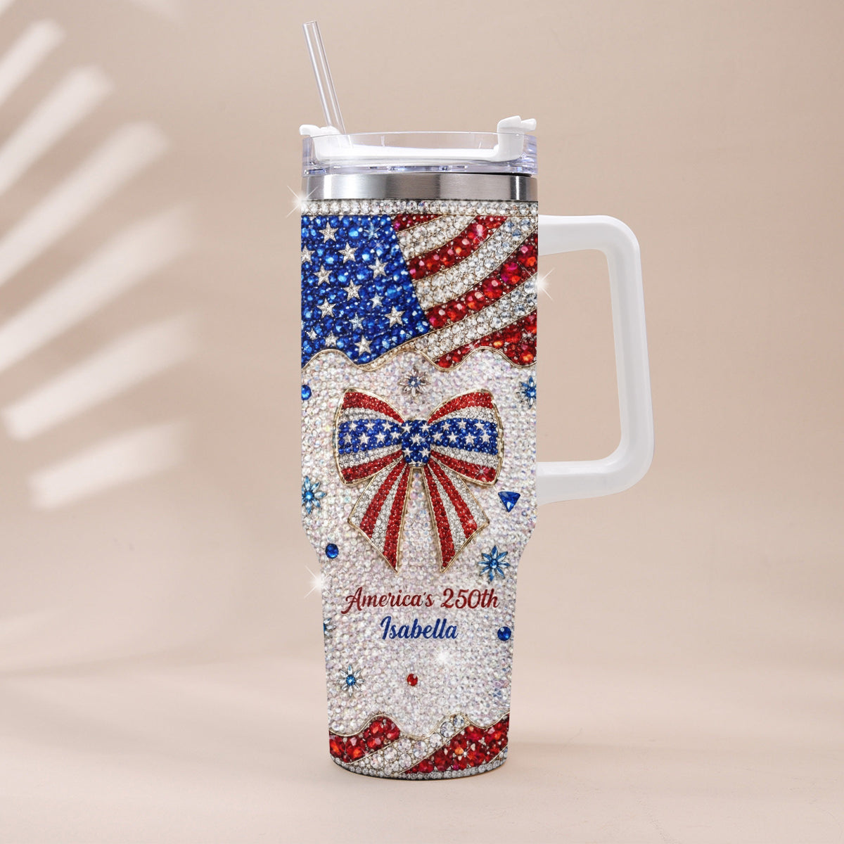 America's 250th Bow - Personalized Independence Day/ 4th of July Rhinestone Tumbler With Plush Charm