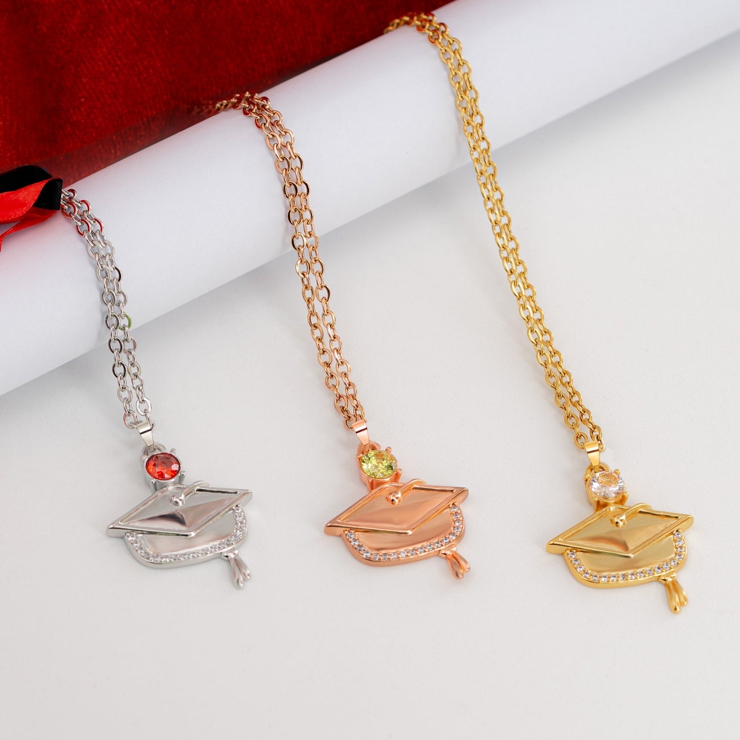 Graduation Cap Pendant Necklace, Personalized Name Charm With Birthstone - Meaningful Gift For Grads
