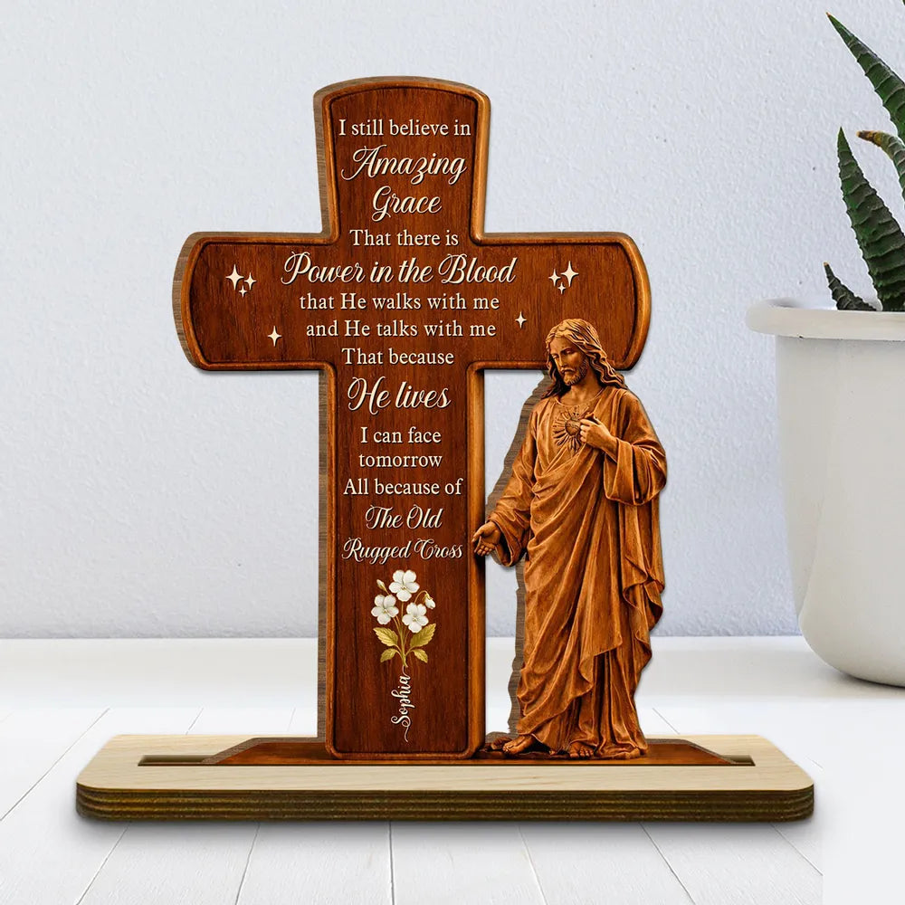 Personalized 2-Layer Wooden Plaque Cross and Jesus Design for Home Display, Amazing Grace Inspired, Unique Faith Gift