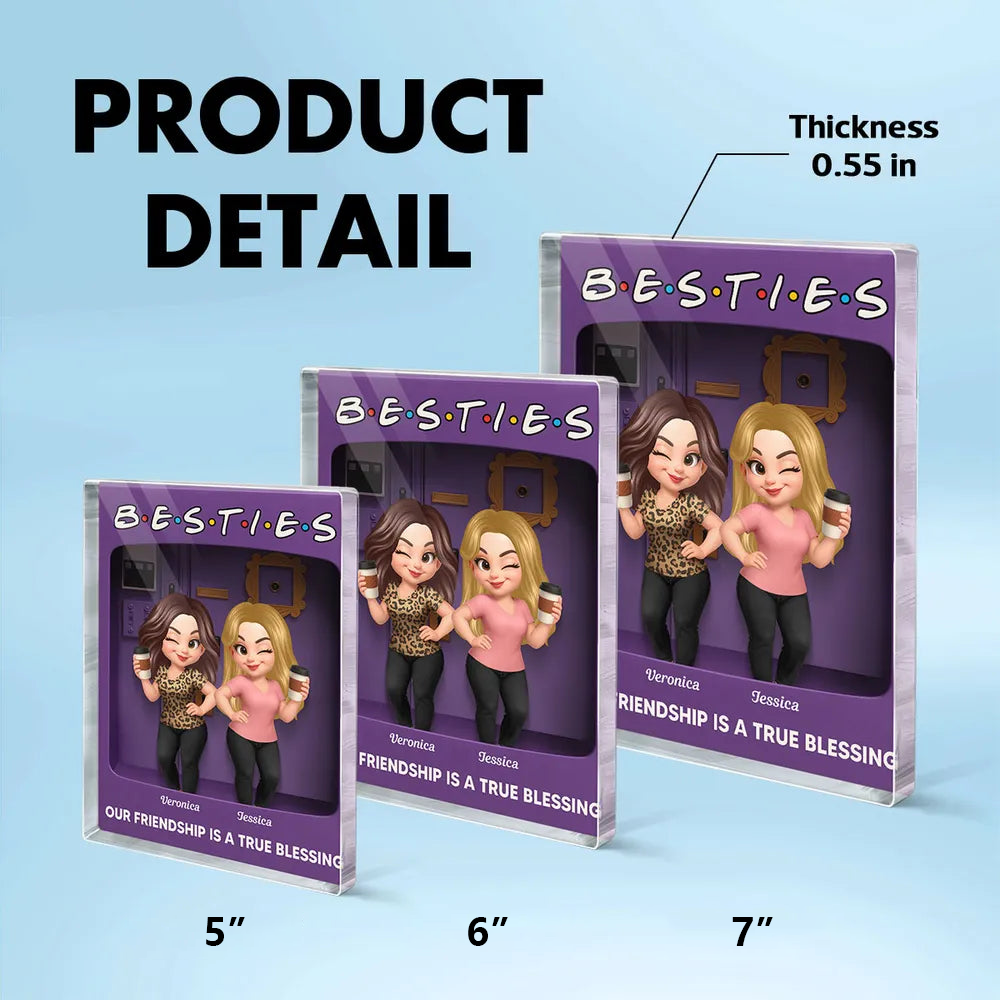 Rectangle Acrylic Block Plaque for Besties — cute characters holding coffee, purple backdrop, perfect friendship gift for birthdays, holidays, and everyday smiles