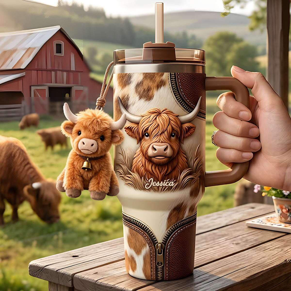 Cute Highland Cow - Personalized Highland Cow Tumbler With Plush Charm