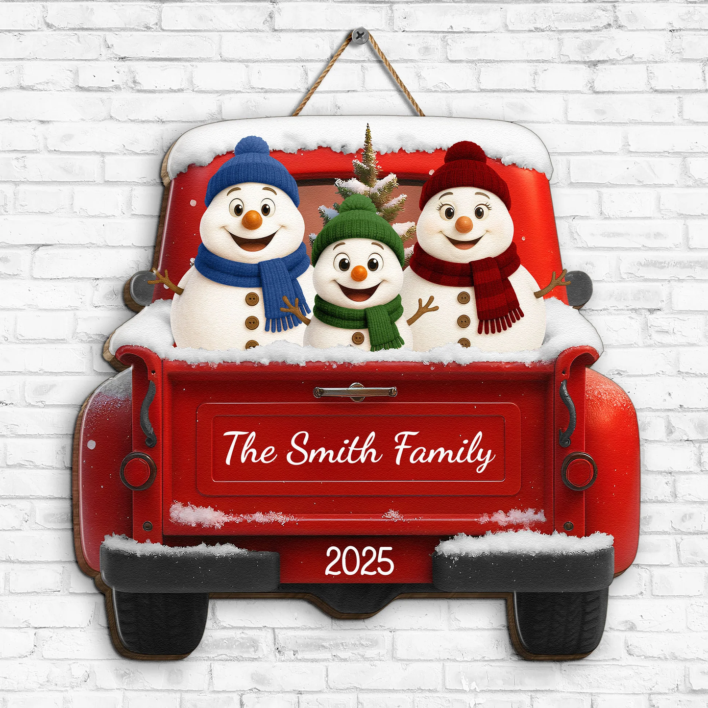 Snowman Family Wooden Sign Personalized for Christmas Door or Kitchen, Cute Red Truck Holiday Decoration & Creative Gift