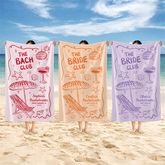 Personalized Beach Towel The Bride Club, Custom Girls Trip Poolside Gift with Retro Beach Icons for the Bride Squad