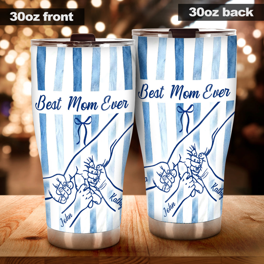 Best Mom Ever Hands Holding Retro Pastel Stripes - Personalized Mother Tumbler