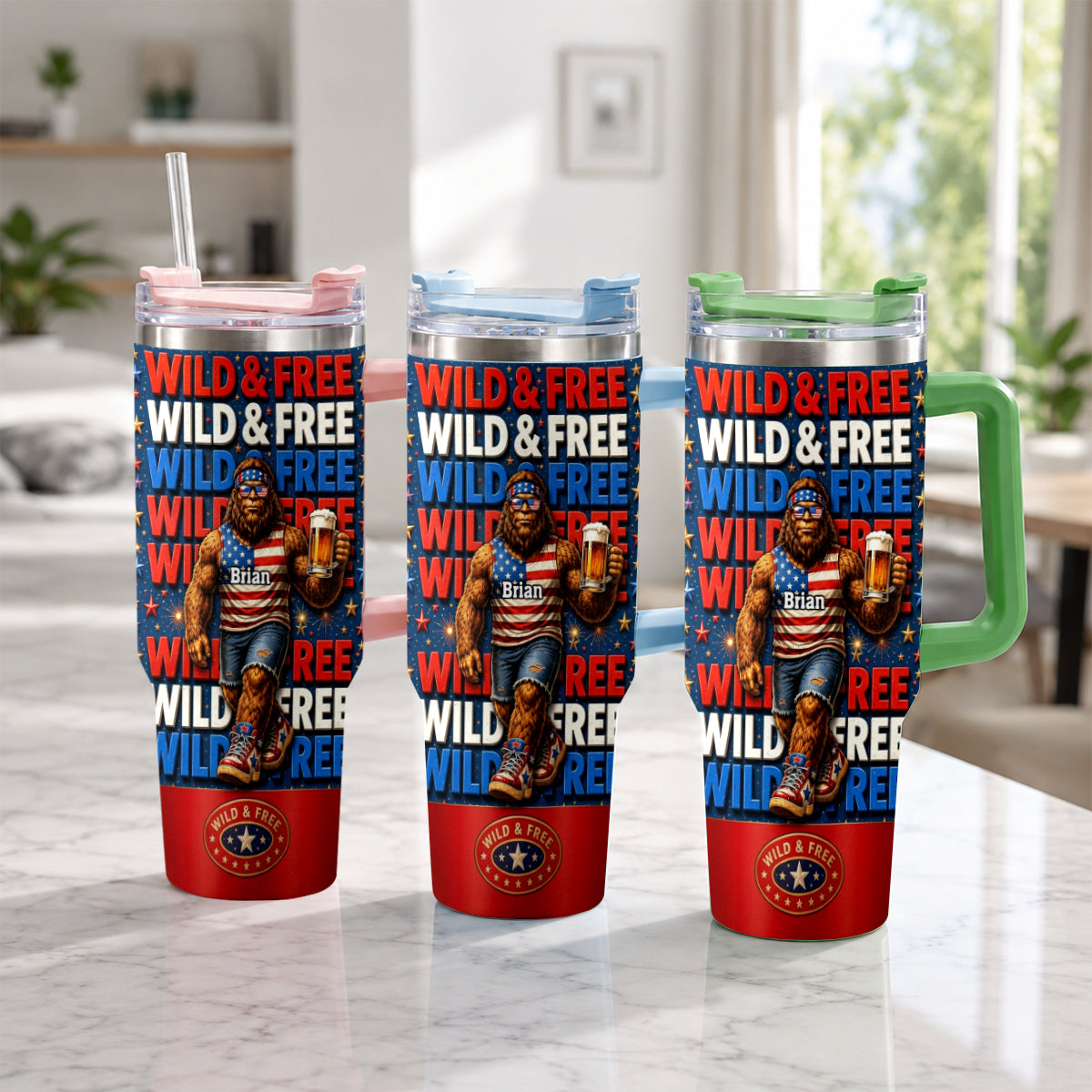 4th of July, Bigfoot Independence Day - Personalized Bigfoot Tumbler With Handle