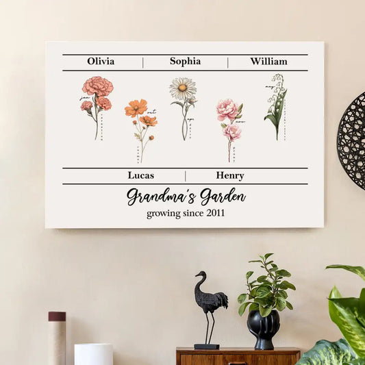 Personalized Grandma's Garden Poster – Floral Design with Family Names and Birth Flowers