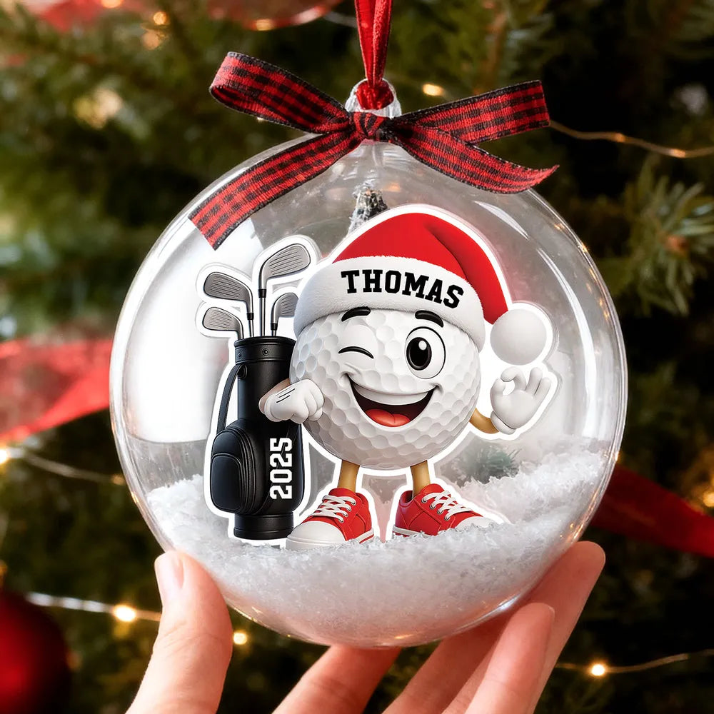 Snow Globe Ornament with Winking Santa Golf Ball, Christmas Tree Decor, playful keepsake, unique gift for golfers and Dad