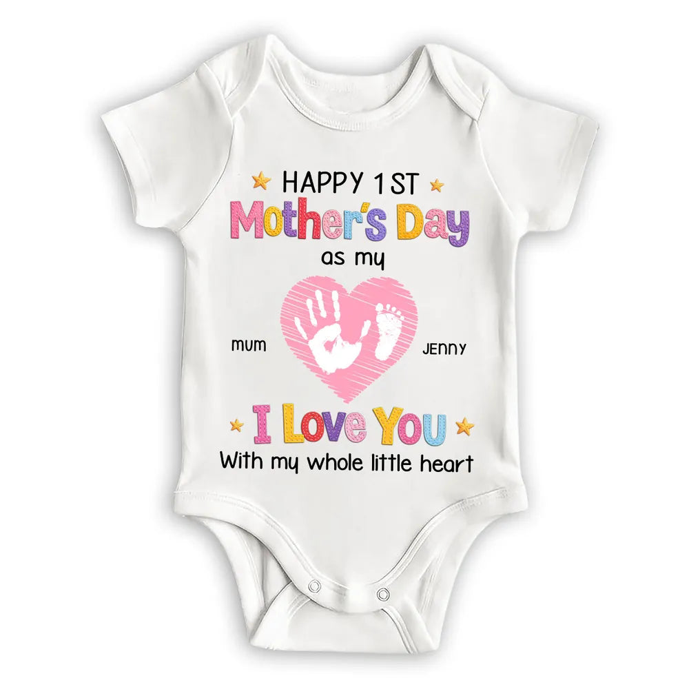 Short Sleeve Baby Onesie for Baby's First Mother's Day, Personalized Handprint Heart I Love You Design, Sweet Gift