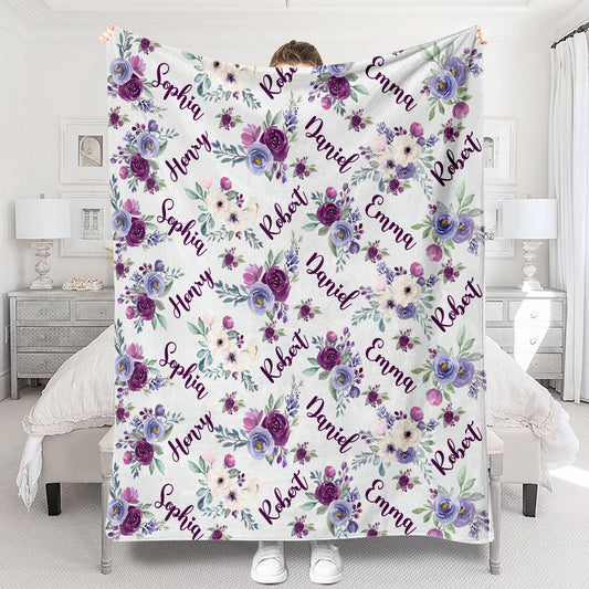 Custom Name Purple Flowers - Personalized Family Blanket