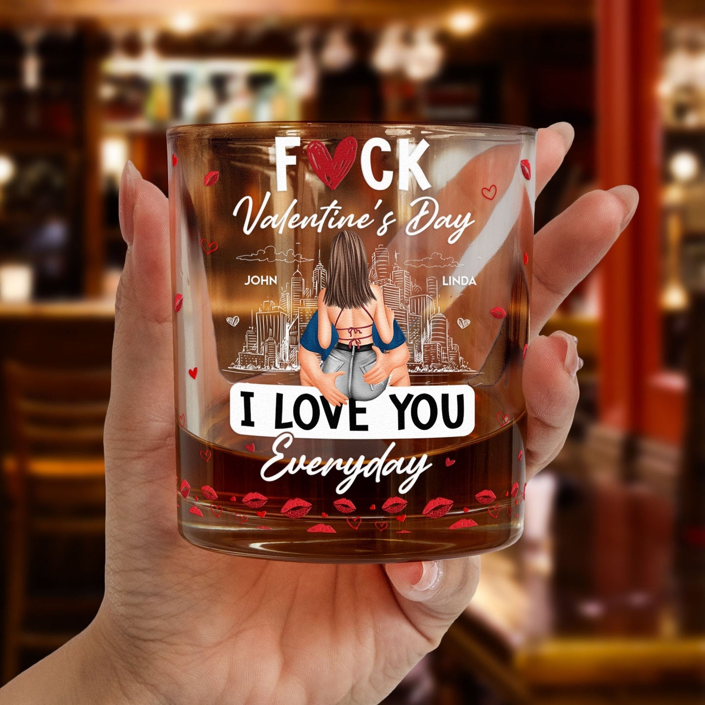 Personalized Whiskey Glass With Cheeky Valentine's Quote, Kissing Couple Design, Unique Gift For Husband Or Boyfriend